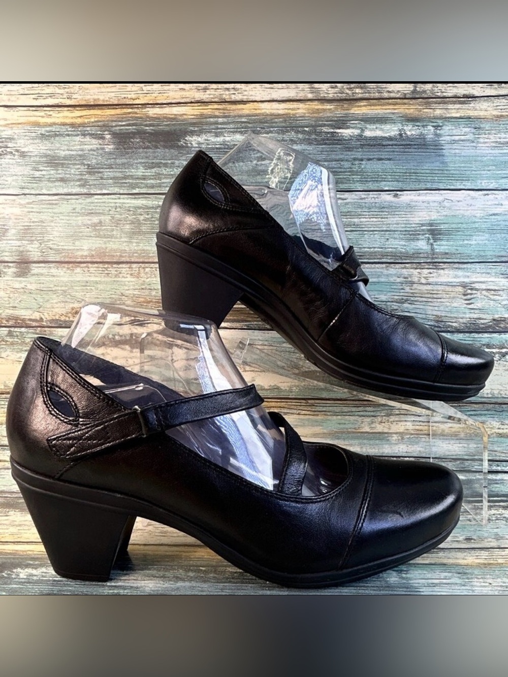 Abeo Rita Mary Jane Pumps Womens 9 Black Leather Hook & Loop Comfort Dress Shoes